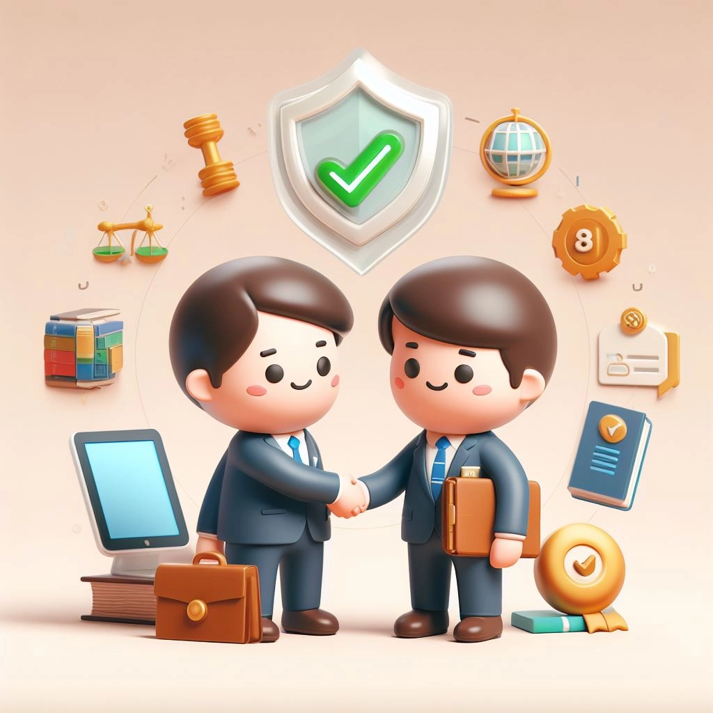 A 3D illustration of two cartoon businessmen shaking hands. They are surrounded by symbols of business and success, including a shield with a checkmark, a briefcase, stacks of coins, scales of justice, a globe, and a calendar with the number 8. The background is a warm, soft peach tone, and the scene conveys a friendly and successful business agreement or partnership.